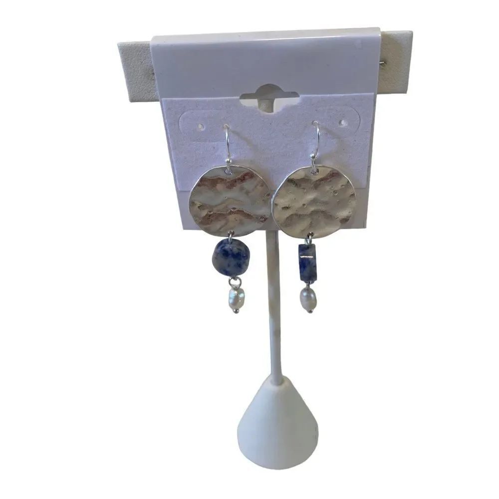 Hammered Silver Toned Coin Drop Earrings w/ Blue Stone & Pearl.